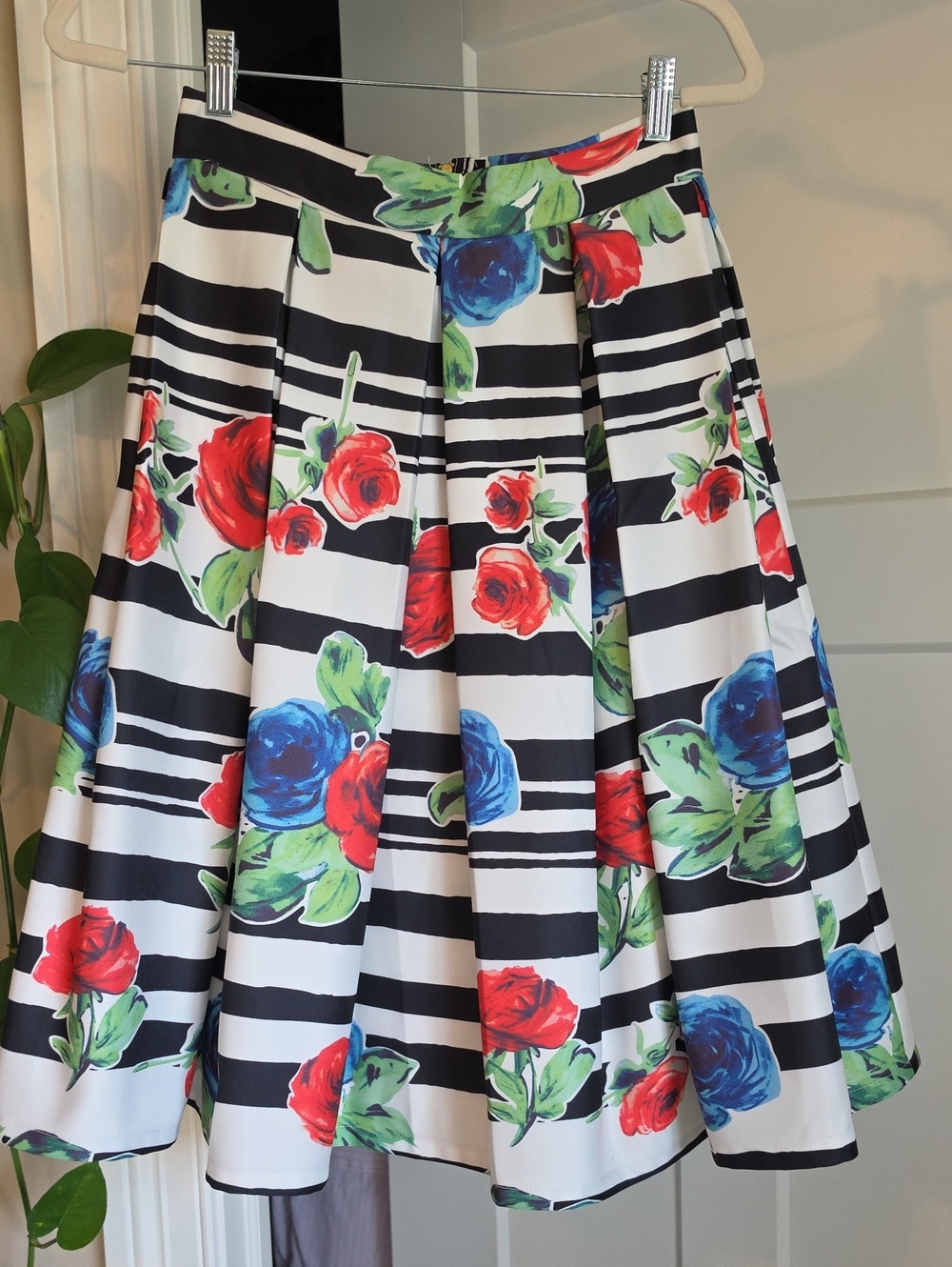 Floral Stripe A-Line Midi Skirt - Black/White with Red & Blue Roses